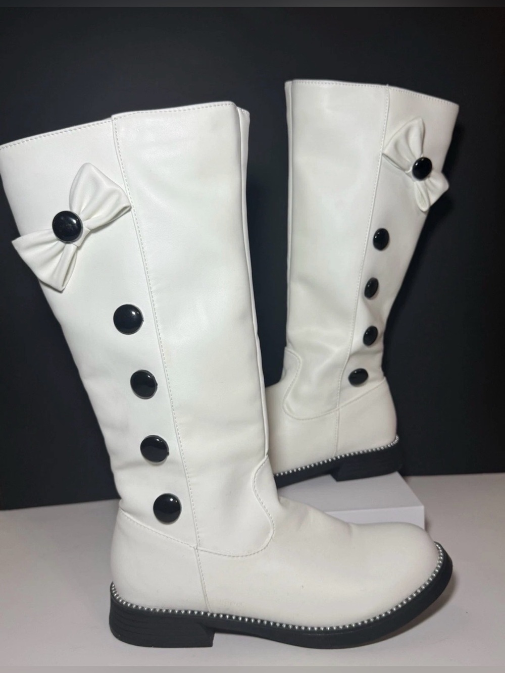 White Knee-High Bow Button Boots - Women